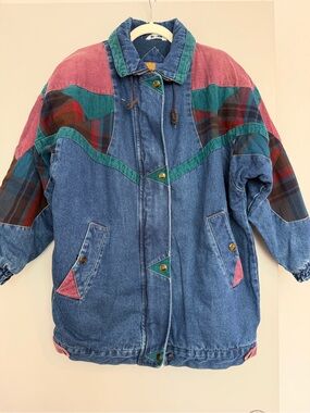 Vintage 90s Denim Colorblock Jacket with Plaid & Corduroy Accents